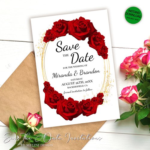 White Gold Frame Red Rose Save The Date Card