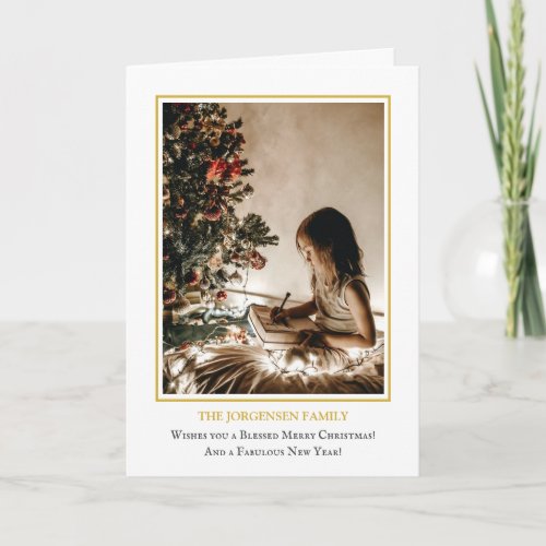 White Gold Framed Photo Blessed Merry Christmas Card