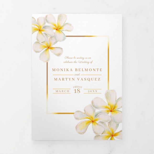 White gold Frangipani flowers wedding Tri-Fold Program (Cover)