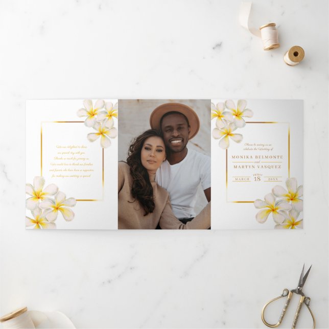 White gold Frangipani flowers wedding Tri-Fold Program (Outside)