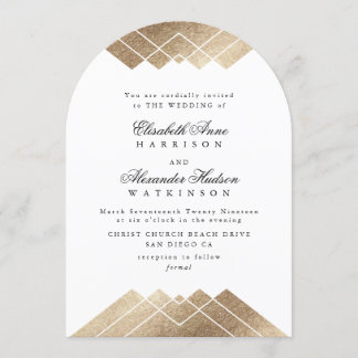 White Gold Gatsby Deco Calligraphy Arch Wedding Invitation
