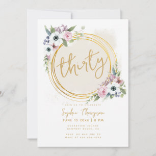 White Gold Geometric Anemone Roses 30th Birthday Invitation