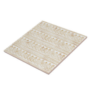 White Gold Geometric Aztec Tribal  Ceramic Tile