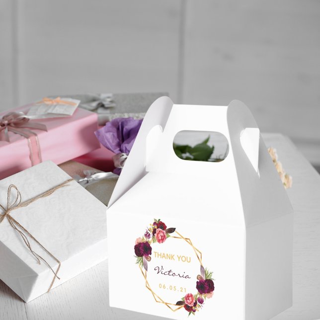 White gold geometric burgundy floral bridal shower favor boxes (Creator Uploaded)