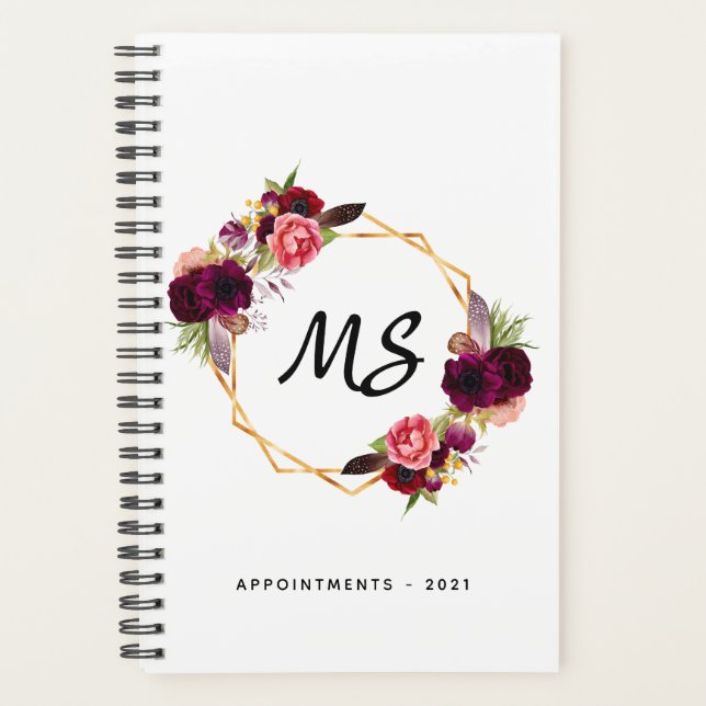 White gold geometric burgundy floral monogram planner (Front)