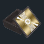 White & Gold Geometric Damasks Jewelry Box<br><div class="desc">Elegant monogramed white and gold tones floral damasks with geometric dynamic stripes.</div>