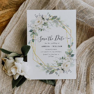 White & gold geometric floral wedding save the date