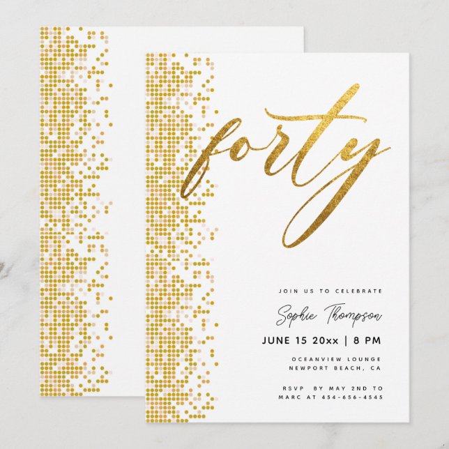 White Gold Geometric Glitter Elegant 40th Birthday Invitation (Front/Back)