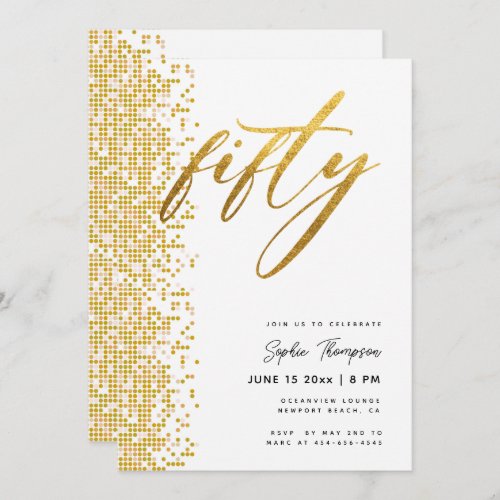 White Gold Geometric Glitter Elegant 50th Birthday Invitation