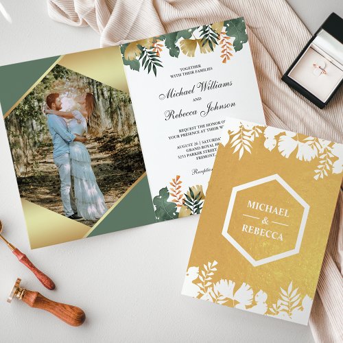 White Gold Geometric Tropical Photo Wedding Foil Card