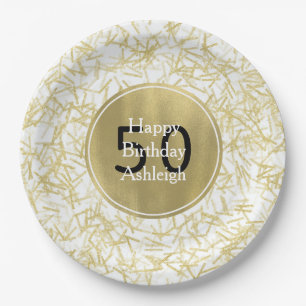 White Gold Glam Confetti 50th Birthday Paper Plates