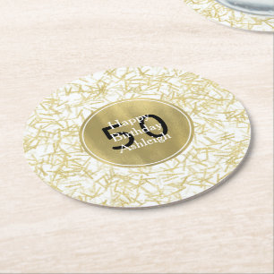 White Gold Glam Confetti 50th Birthday Round Paper Coaster