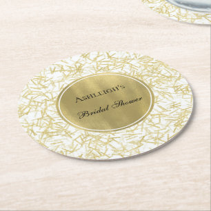 White Gold Glam Confetti Bridal Shower Round Paper Coaster