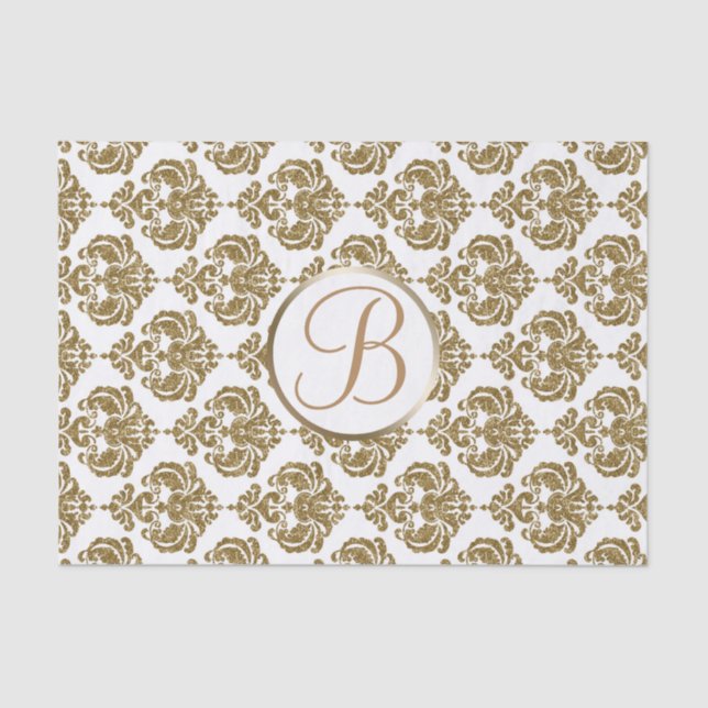 White Gold Glam Damask Monogram Letter Initial Tissue Paper (Front)