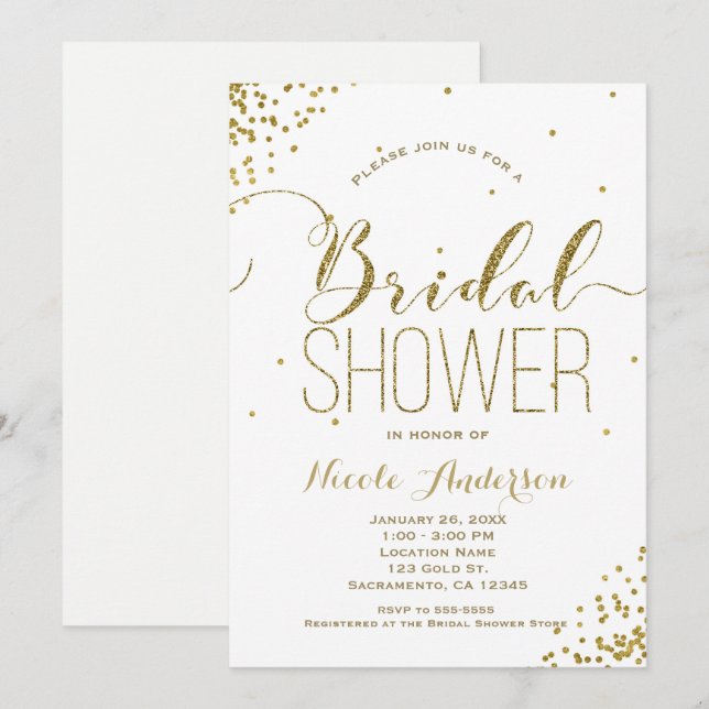 White & Gold Glam Glitter Corners BRIDAL SHOWER Invitation (Front/Back)