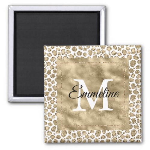 White Gold Glam Glitter Glitz Leopard Monogram    Magnet