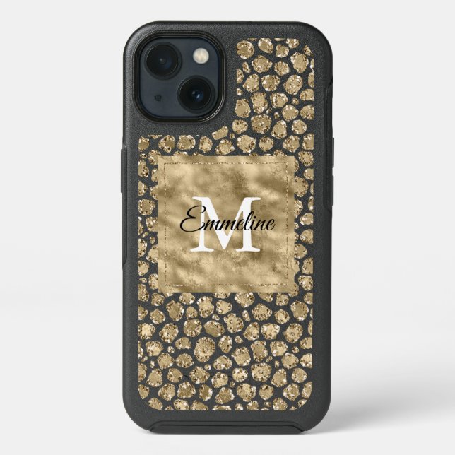 White Gold Glam Glitter Glitz Leopard Monogram   Otterbox iPhone Case (Back)