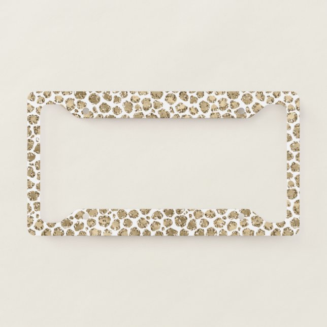 White Gold Glam Glitter Glitz Leopard Print       License Plate Frame (Front)