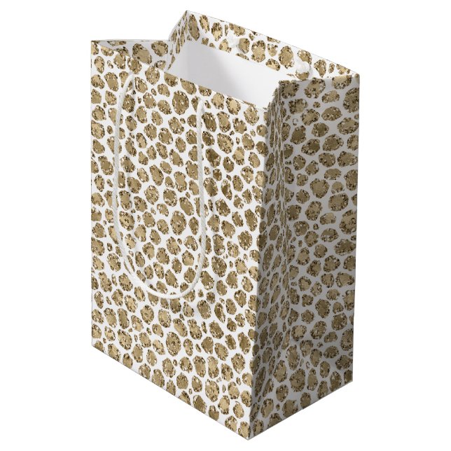 White Gold Glam Glitter Glitz Leopard Print      Medium Gift Bag (Back Angled)
