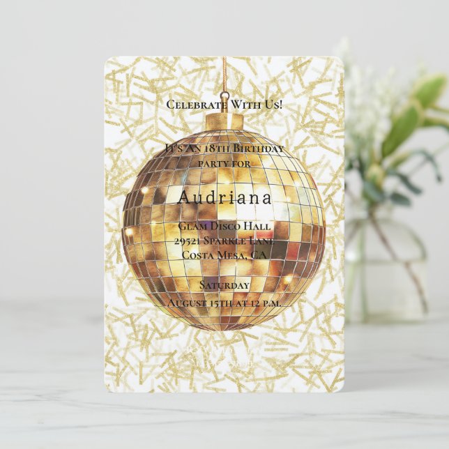 White Gold Glam Glitzy Disco Ball Birthday Invitation (Standing Front)