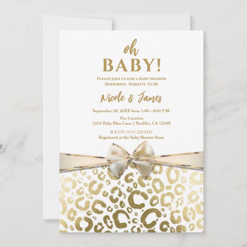 White  Gold Glam Leopard Print Baby Shower Invitation