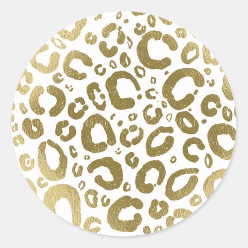 White  Gold Glam Leopard Print  Classic Round Sticker