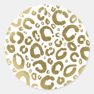 White & Gold Glam Leopard Print Classic Round Sticker