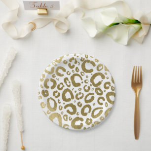White & Gold Glam Leopard Print Party Paper Plates