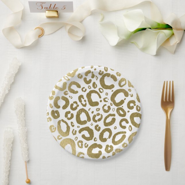 White & Gold Glam Leopard Print Party Paper Plates (Wedding)