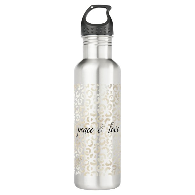 White Gold Glam Leopard Print Stainless Steel Water Bottle (Front)
