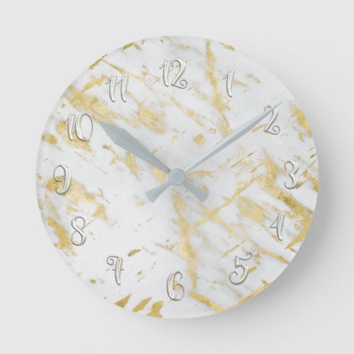 White  Gold Glam Marble Modern Personalized Round Clock