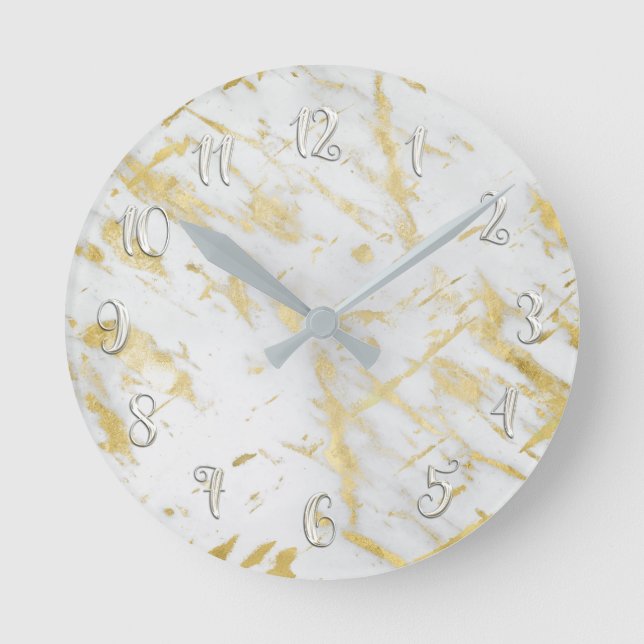 White & Gold Glam Marble Modern Personalized Round Clock (Front)