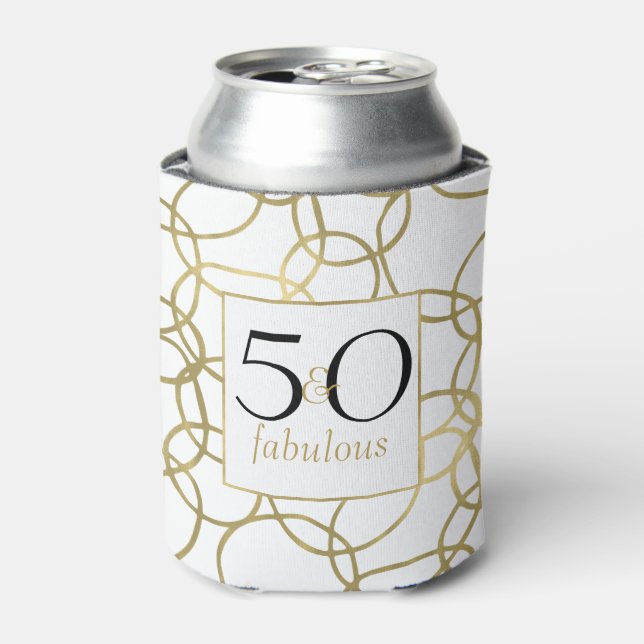 White Gold Glam Stylish Circles 50 and Fabulous Can Cooler (Can Front)