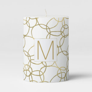 White Gold Glam Stylish Circles Monogram Pillar Candle