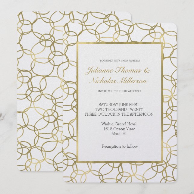 White Gold Glam Stylish Circles Wedding Invitation (Front/Back)