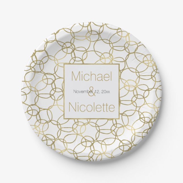 White Gold Glam Stylish Circles Wedding Paper Plates (Front)