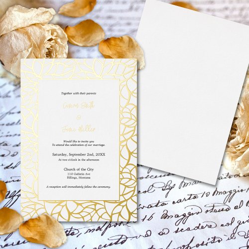 White  Gold Glamorous Leaf Pattern Wedding Foil Invitation