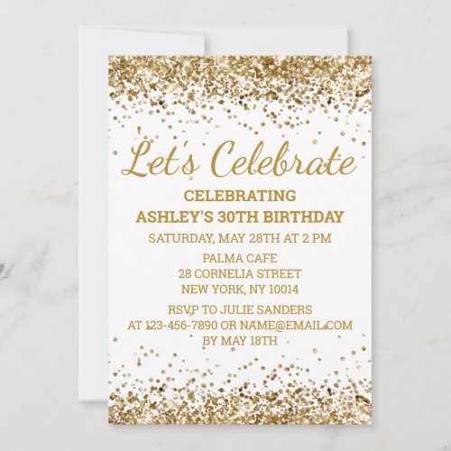 White  Gold Glitter 30th Birthday Lets Celebrate Invitation