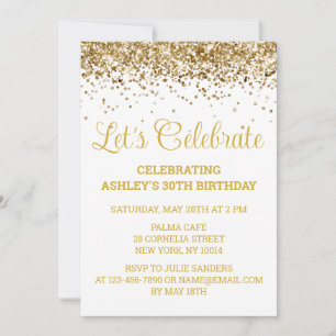 White & Gold Glitter 30th Birthday Let's Celebrate Invitation