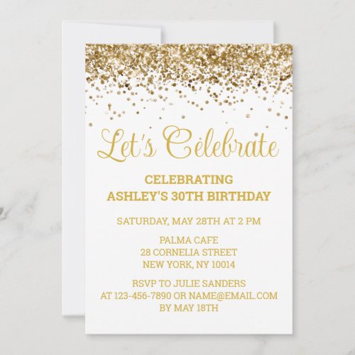 White  Gold Glitter 30th Birthday Lets Celebrate Invitation