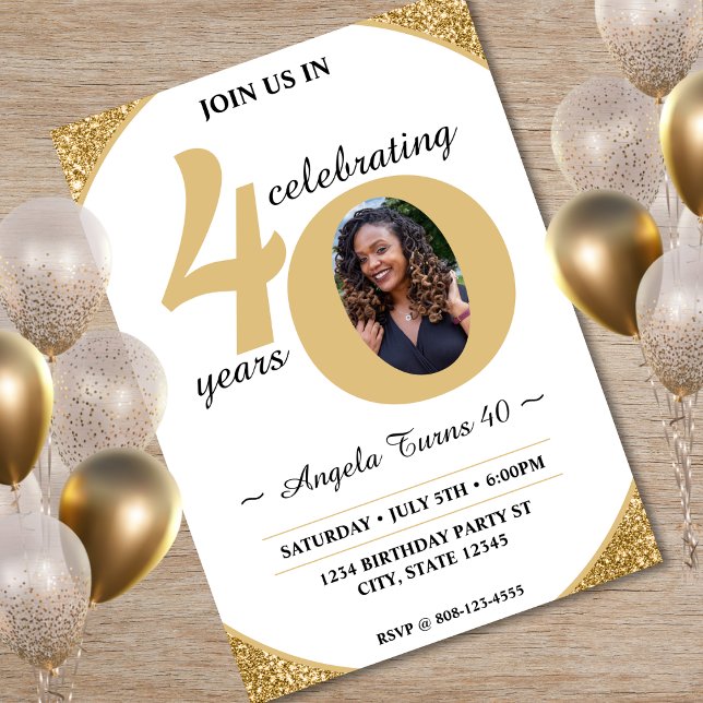 White & Gold Glitter 40 Fifty Years 40th Birthday Invitation (White & Gold Glitter 40 Fifty Years 40th Birthday Invitation)