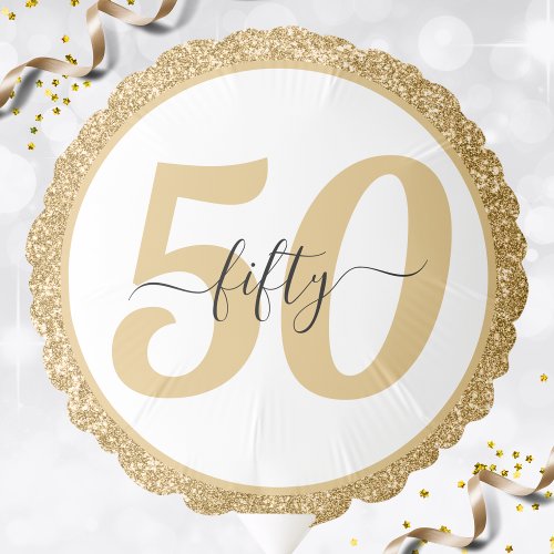 White  Gold Glitter 50 Fifty Years 50th Birthday Balloon