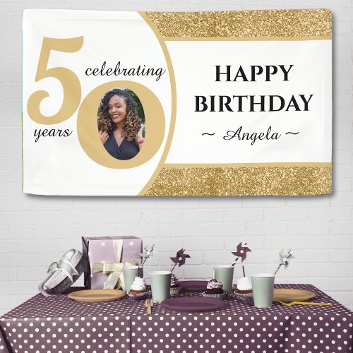 White  Gold Glitter 50 Fifty Years 50th Birthday Banner