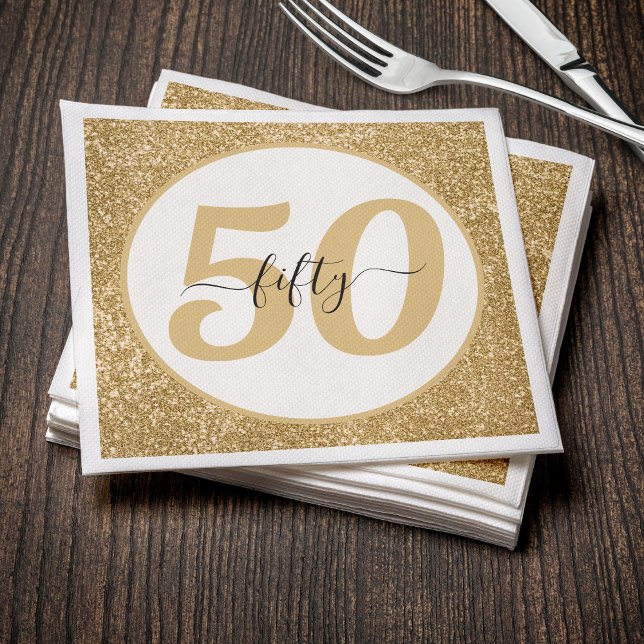 White & Gold Glitter 50 Fifty Years 50th Birthday Napkins (Creator Uploaded)