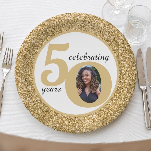 White & Gold Glitter 50 Fifty Years 50th Birthday Paper Plates (White & Gold Glitter 50 Fifty Years 50th Birthday Paper Plates)