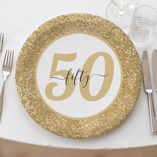 White & Gold Glitter 50 Fifty Years 50th Birthday Paper Plates (White & Gold Glitter 50 Fifty Years 50th Birthday Paper Plates)