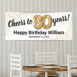 White Gold Glitter 80th Birthday Banner<br><div class="desc">Celebrate a milestone birthday in style with our elegant eightieth birthday party banner. Boasting a customizable simple white background, faux gold sparkle, and modern 80th birthday celebration text, this banner is the perfect way to make a statement. Plus, our eighty gold helium balloons add an extra touch of glamour. Easily...</div>