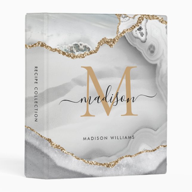 White Gold Glitter Agate Marble Monogram Script Mi Mini Binder (Front/Spine)