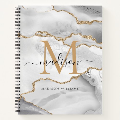 White Gold Glitter Agate Marble Monogram Script Notebook
