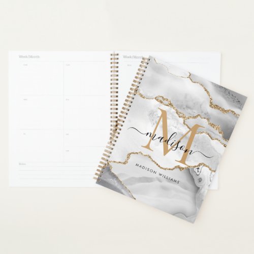 White Gold Glitter Agate Marble Monogram Script Planner